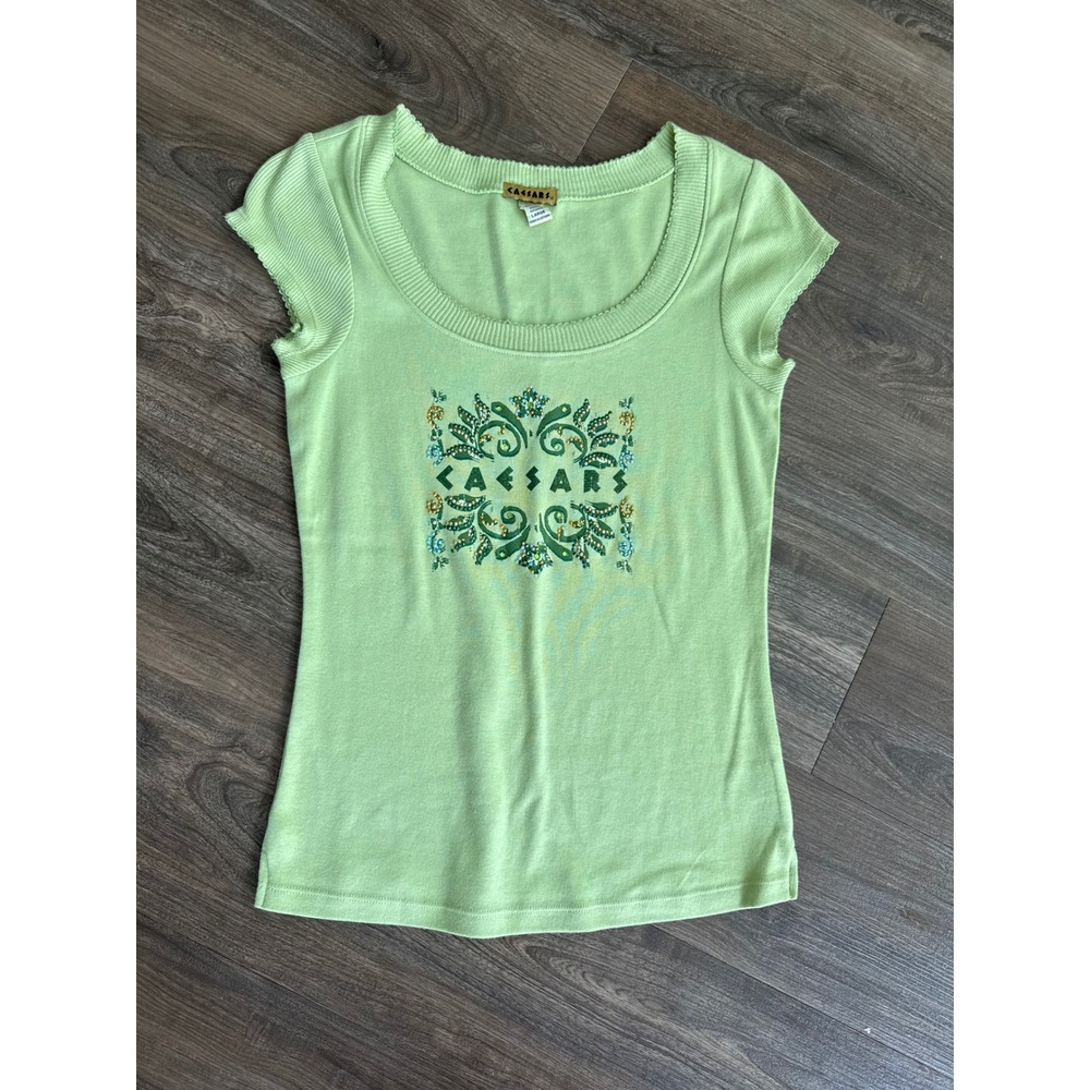 Caesars Lime Green Rhinestone Baby Tee Womens Large Y2K Graphic Top
